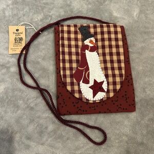 Handmade Rustic Snowman Crossbody Purse Bag Burgundy‎ Moon Star Fabric